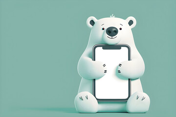 Fototapeta premium cute polar bear cartoon character, mobile phone mockup, blank screen for customization, playful design, ideal for marketing, education, family-friendly, emotional connection