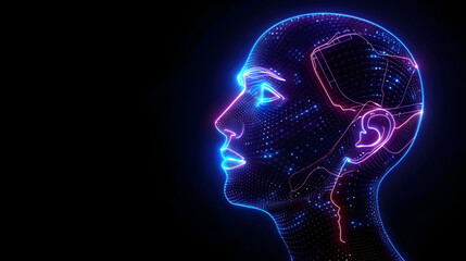Futuristic digital human profile in neon lines, AI representation, glowing cyber aesthetics, technology theme, emotional appeal, ideal for marketing, education, diverse industries