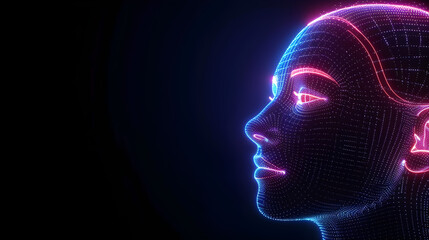 Obraz premium Futuristic digital portrait, neon holographic profile, cybernetic aesthetics, suitable for technology marketing, digital art projects, AI conventions, modern design themes, conveys innovation
