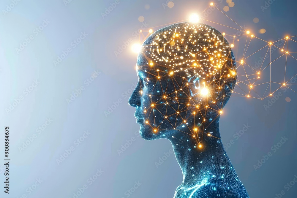 Poster abstract illustration of a brain with neural connections and glowing particles symbolizing cognitive