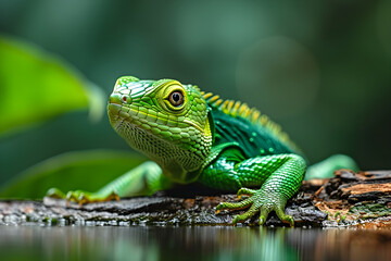 Fototapeta premium vibrant green lizard on branch, nature macro, wildlife photography, detailed textures, close-up shot, enhancing educational material, appealing to animal enthusiasts and researchers