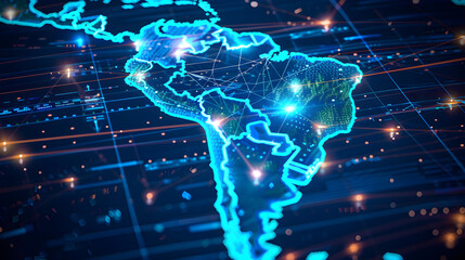vibrant digital map of Latin America, showcasing cyber technology and connectivity, internet, data, global communication trends, ideal for tech, education, business sectors