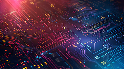 Obraz premium Futuristic circuit board design, vibrant neon colors, digital technology backdrop, ideal for tech marketing, websites, presentations, visually engaging