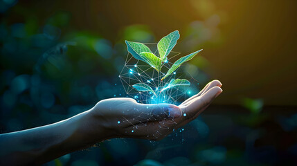 digital human hand, nurturing green plant, futuristic technology, biological connection, emotional connection, sustainability, copy space, eco-friendly themes, growth mindset