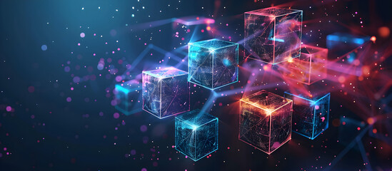 futuristic digital cubes, glowing abstract technology network, vibrant colors, visual technology connection, ideal for marketing, education, tech industries, innovative digital design