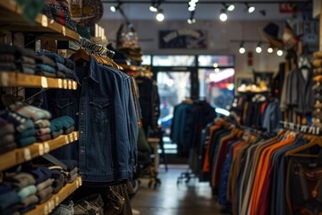 Assorted denim jackets hanging in a stylish clothing shop with a blurred background