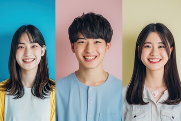 カラフルな背景の男女の3人（マッチングアプリ・婚活・転職・引っ越し）