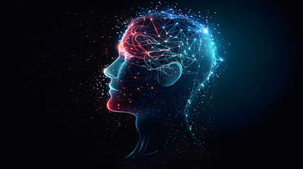 abstract silhouette of a human head with interconnected neural networks, representing innovation and creativity, suitable for technology, education, healthcare, digital marketing