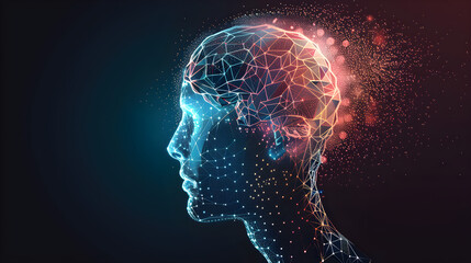 futuristic male silhouette, abstract neural connections, digital brain representation, emotional intelligence, technology, innovation, modern art, psychological exploration, digital marketing