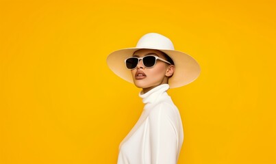 Elegant woman in straw hat portrait in yellow color, beauty fashion model photo with glossy lips in sunglasses. Vertical template with copy space for web design or magazine article.
