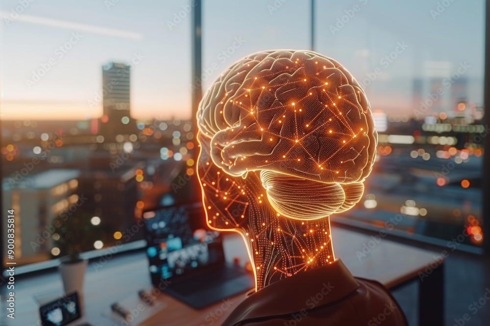 Aufkleber digital illustration of a brain with neural connections and glowing particles representing cognitive