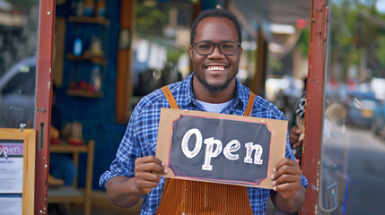 Small business owner smiling holding open sign outside his shop in bright daylight
