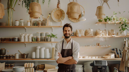 Small business owner preparing cozy cafe space for daily customers in the morning