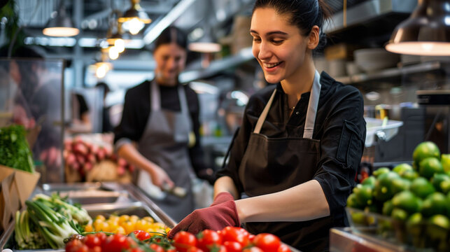 Small business staff at food market preparing fresh products for customers during busy morning hours - Powered by Adobe