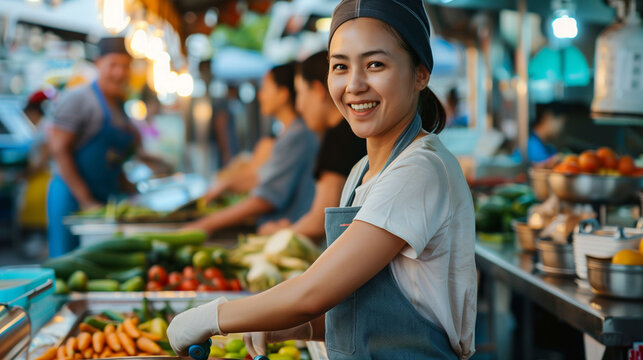 Dedicated small business staff preparing fresh produce at vibrant food market in afternoon
