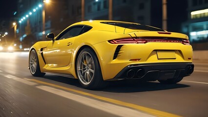 Close up rear view of yellow sports car driving at high speed on asphalt road in city at night.