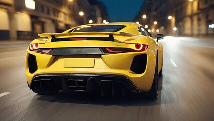 Close up rear view of yellow sports car driving at high speed on asphalt road in city at night.