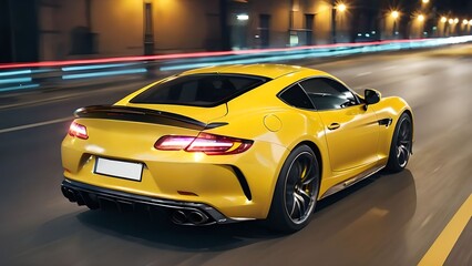 Close up rear view of yellow sports car driving at high speed on asphalt road in city at night.