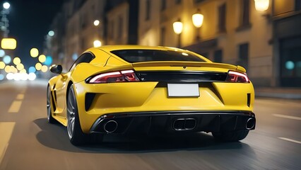 Close up rear view of yellow sports car driving at high speed on asphalt road in city at night.