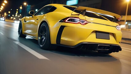 Close up rear view of yellow sports car driving at high speed on asphalt road in city at night.