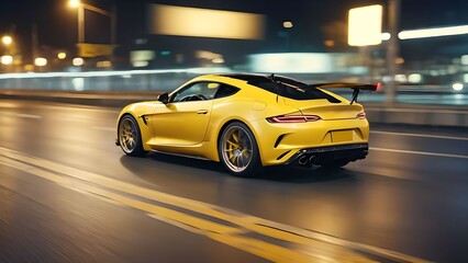 Close up rear view of yellow sports car driving at high speed on asphalt road in city at night.