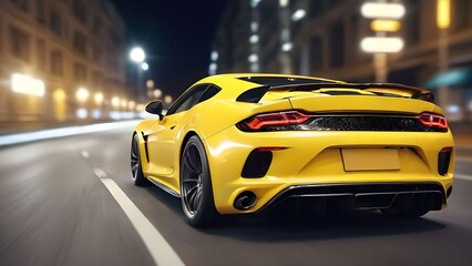 Close up rear view of yellow sports car driving at high speed on asphalt road in city at night.