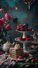 A cake with a piece of cake and a teapot on the table 