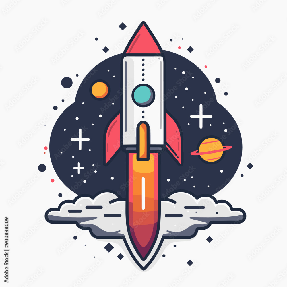 Poster rocket in space. vector illustration in flat linear style on white background