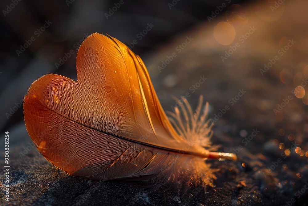 Canvas Prints Closeup of a delicate golden hour feather with warm. Soft lighting and macro details. Isolated on a serene and peaceful sunset background