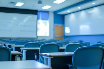 Fototapeta premium Empty modern classroom with blue chairs and whiteboards ready for lecture or presentation in educational institution