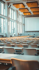 Empty modern lecture hall with large windows and projector screen, ready for educational presentation or conference
