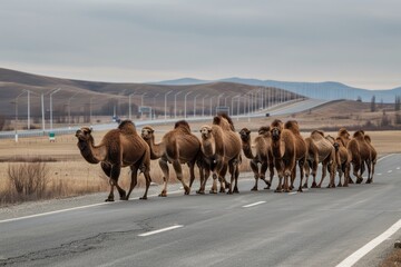 A group of bactrian camel crossing the highway in inner mongolia