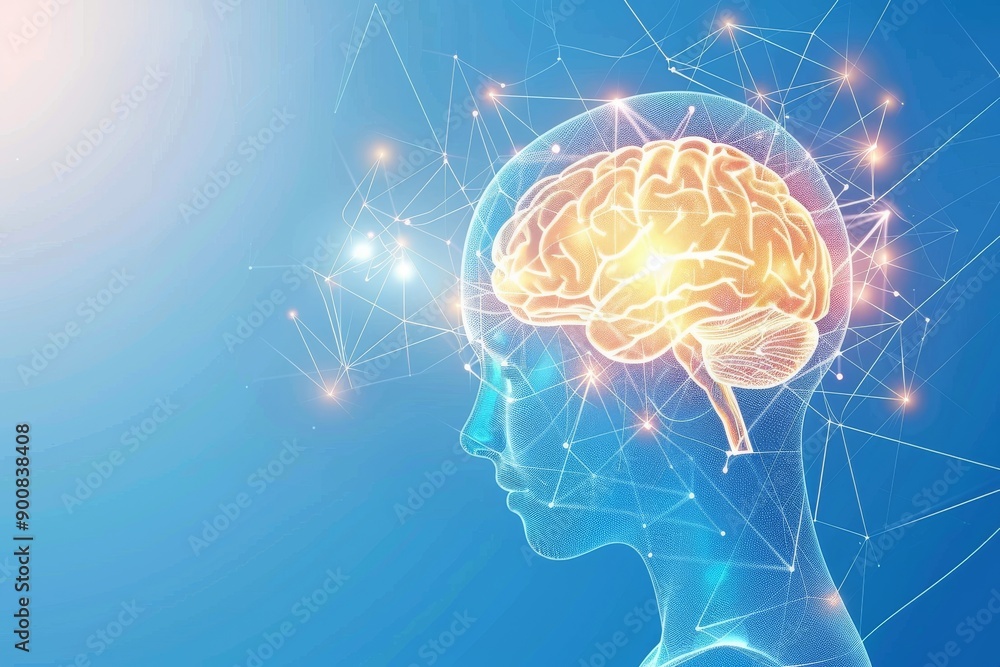Poster digital illustration of a glowing brain with neural connections symbolizing intelligence and cogniti
