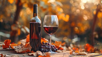 Autumn fall wine bottle nad glass wallpaper background