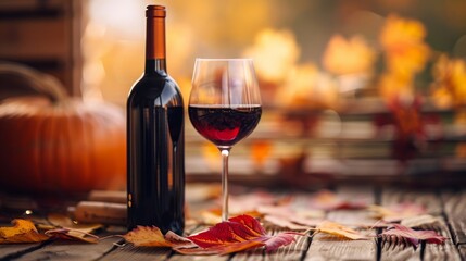 Autumn fall wine bottle nad glass wallpaper background