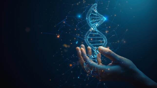 Abstract hologram of DNA helix in a hand on a blue background, Digital hand holding double helix, Medical and science concept