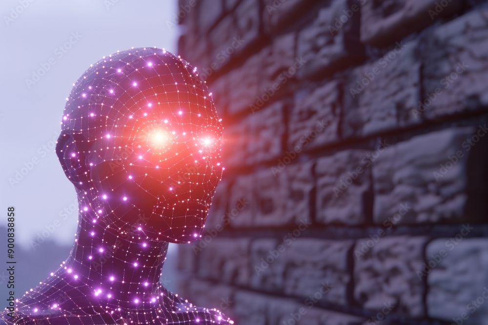 Poster futuristic profile of a person with a glowing brain representing technological intelligence and inno