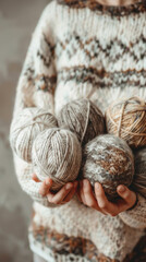 Hands Displaying Earth-Tone Yarn Balls for Knitting