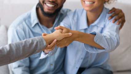 Happily Ever After. Loving African American Couple Expressing Gratitude For Help And Shaking Hands...