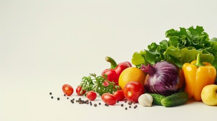 Colorful assortment of fresh vegetables including red tomatoes, green lettuce, and vibrant yellow bell peppers. Healthy organic produce for cooking and salads. Perfect for culinary graphics design. AI