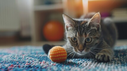 Fototapeta na wymiar Cat playing with cat pet toy at home wallpaper background