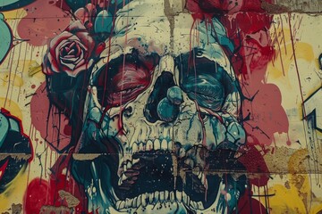 Street art of a skull with a brain symbolizing urban intelligence and mortality