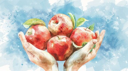 Watercolor illustration of hands holding fresh apples in front of an aquarelle background. Concept of fruit, healthy eating, nature, organic food