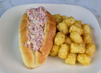 spam salad  sub  with tater tots
