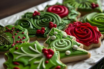 Handmade festive holiday cookie assortment with traditional christmas decorated icing. Rose and holly design. Baked goods