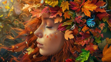 Autumn goddess close-up. Colorful leaves background