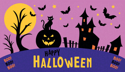 Happy Halloween. Postcard with scary castle, cat, pumpkin and bats.