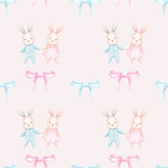 Seamless pattern cute bunnies.Watercolor hand drawn color children's illustration, print with cute bunnies.Kids print.Baby collection.boy or girl,for baby shower.Children’s decorations.