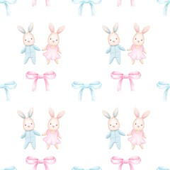 Seamless pattern cute bunnies.Watercolor hand drawn color children's illustration, print with cute bunnies.Kids print.Baby collection.boy or girl,for baby shower.Children’s decorations.
