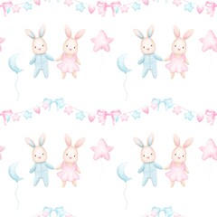 Seamless pattern cute bunnies.Watercolor hand drawn color children's illustration, print with cute bunnies.Kids print.Baby collection.boy or girl,for baby shower.Children’s decorations.